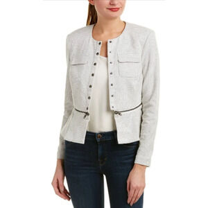 CAbi Zip Line Peplum Blazer Jacket White Black Grid Womens Sz 2 Snap Close